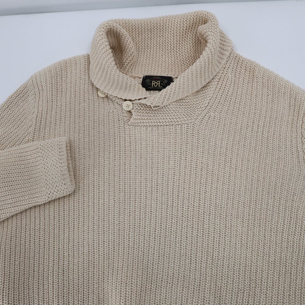 RRL Ralph Lauren sweater mens large Shawl Collar Cotton Knit beige jumper - Picture 13 of 13